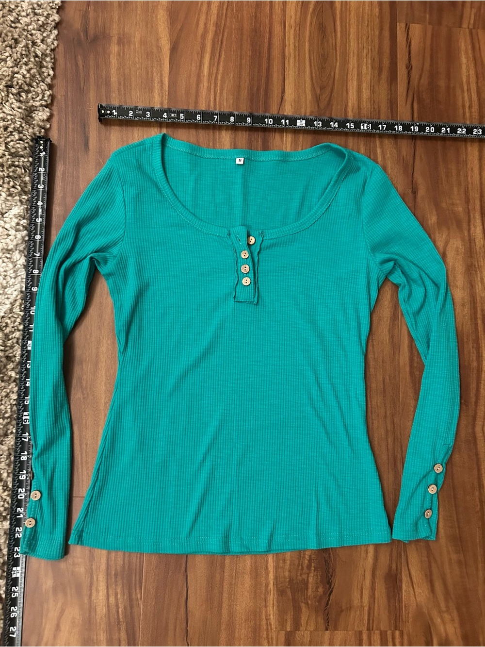 Women's Ribbed Long-Sleeve Henley Top - Teal